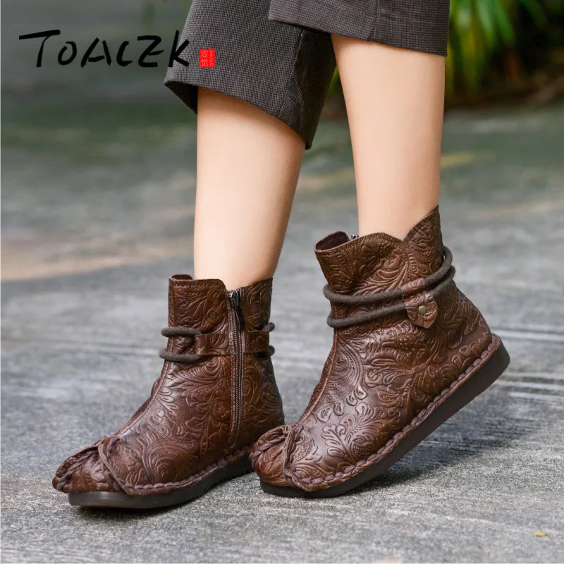 

New hand-made leather women's short boots embossed soft sole soft surface comfortable retro joker single boots