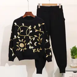 2018 Новый Модный осенне-зимний женский трикотажный свитер с вышивкой в виде золотых листьев + штаны для отдыха костюм из двух предметов для