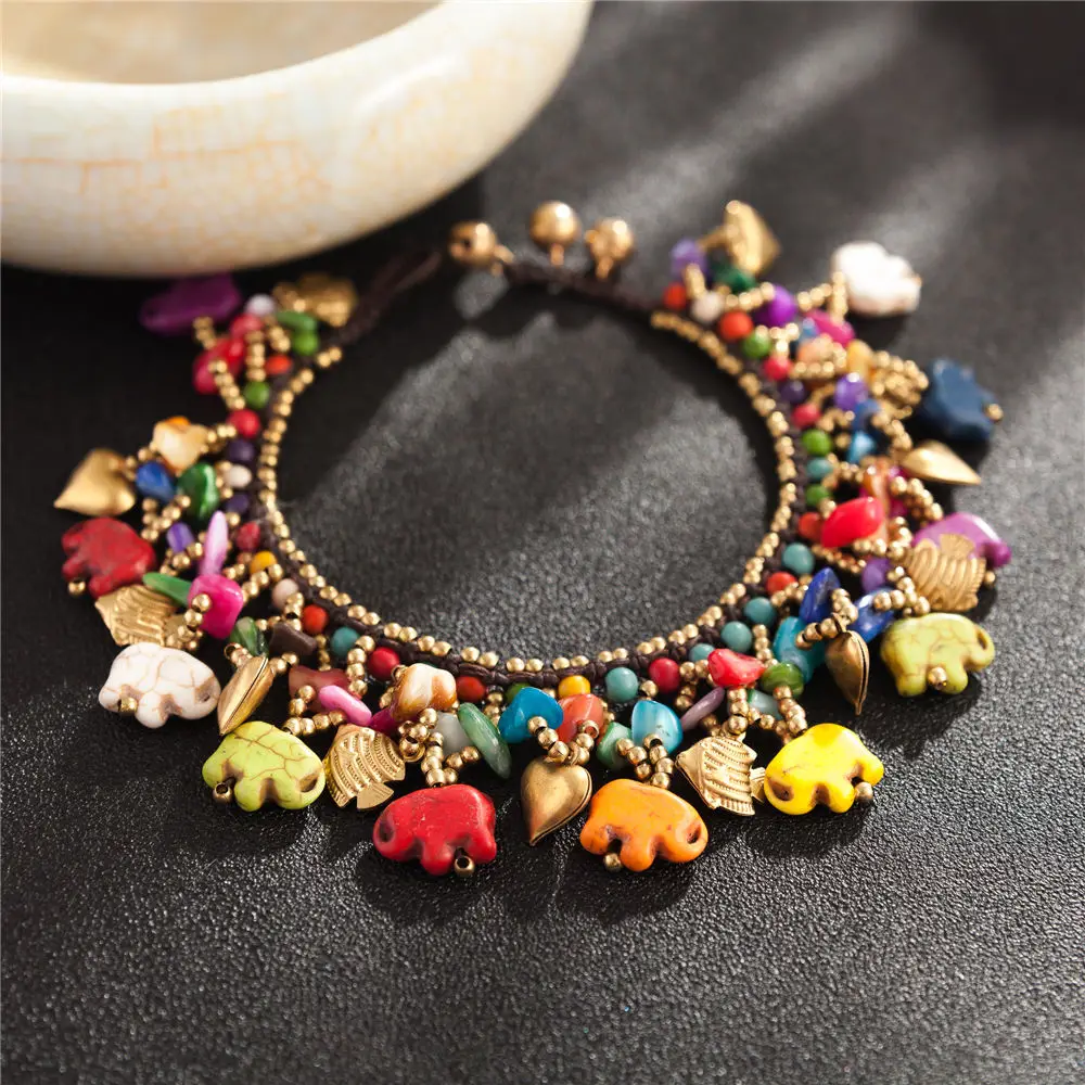 

Ethnic Style Handmade Colored Elephant Beads Charm Anklets for Women Beach Fashion Anklet Gold-color Beaded Chain On Foot