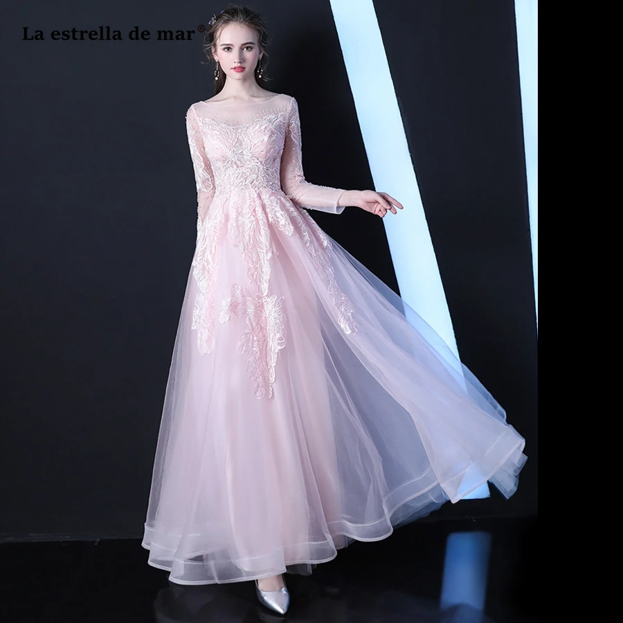 Robe demoiselle d'honneur2018 Новый тюль с длинным рукавом линии sexy see розовый серый платье подружки невесты длинные красивые vestido madrinha