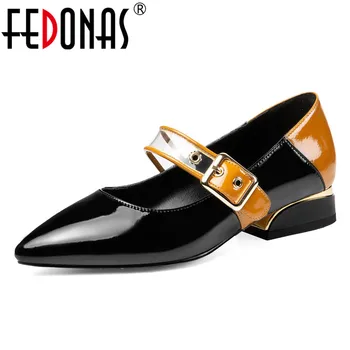 

FEDONAS Spring Genuine Leather Buckle Women Pumps Fashion Square Heels Shallow Office Shoes Woman Genuine Leather Mary Janes