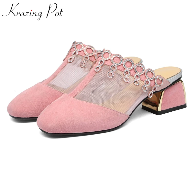 

Krazing pot sheep suede summer bling transparent candy round toe female mules shallow model runway air mesh show brand pumps l81