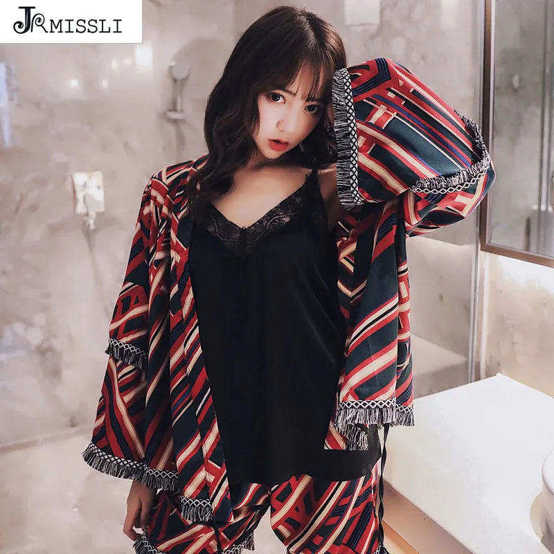 

JRMISSLI Spring Women Silk Pajamas Sets with Pants Satin Flower Print Pyjama Female Sexy Spaghetti Strap Pijama 3 Pieces Home W