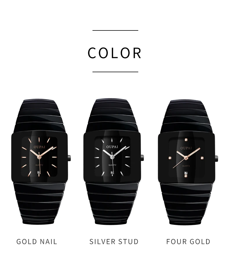 OUPAI черные Ceracmic прямоугольные мужские часы с календарем бизнес Tonneau светящиеся руки водостойкие парные часы
