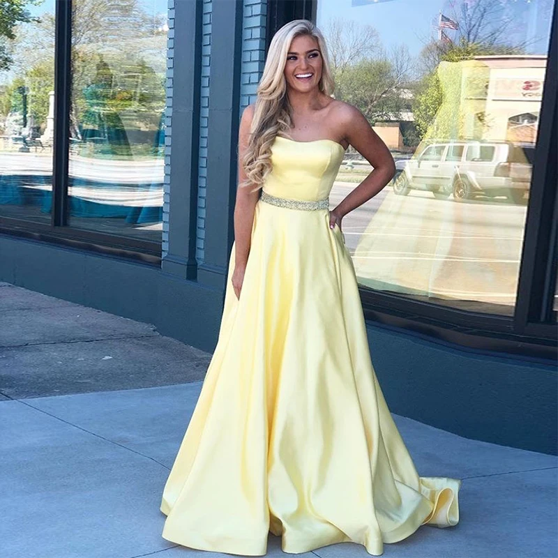 

Long Strapless Prom Dresses A-line Yellow Evening Gowns Delicate Beading Floor Length Special Occasion Women Formal Party Dress