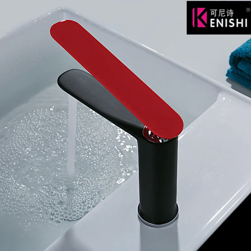 

Kenishi modern black bathroom basin faucet with red Round handle tap bathroom for sink cold and hot water mixer faucets