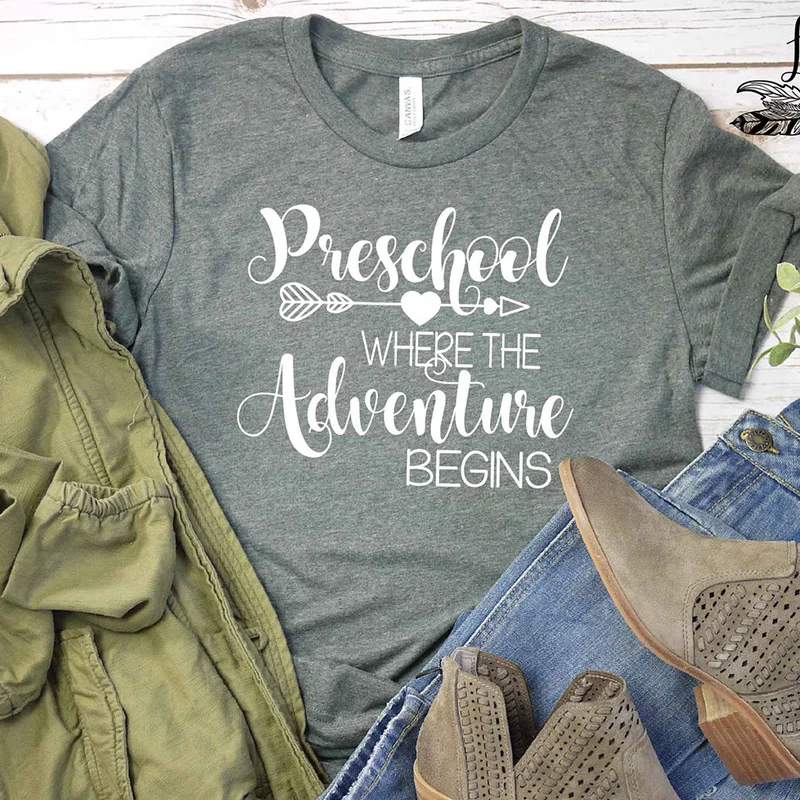 

Preschool Where The Adventure Begins T Shirt Aesthetic Teacher Gift Tshirt Women Funny Tumblr T-shirt Pure Cotton Tops Drop Ship