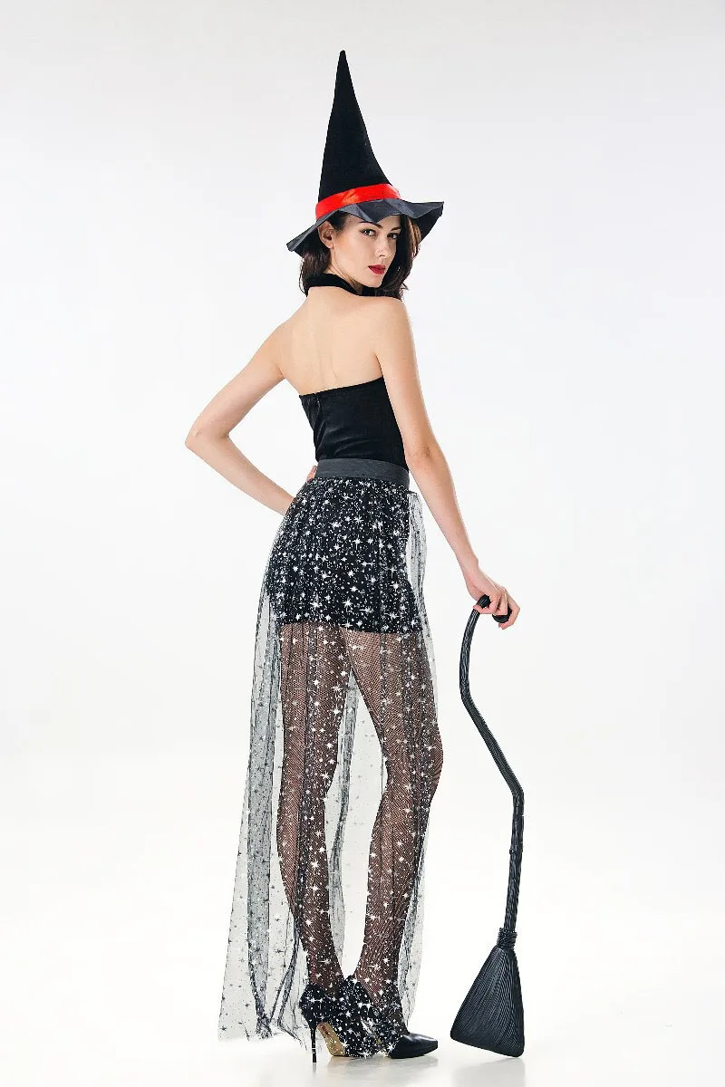 Женский сексуальный костюм чародейки для взрослых на Хэллоуин, готический костюм чародейки, сексуальное платье-труба, остроконечная шляпа, блестящая сетка, наряд для женщин