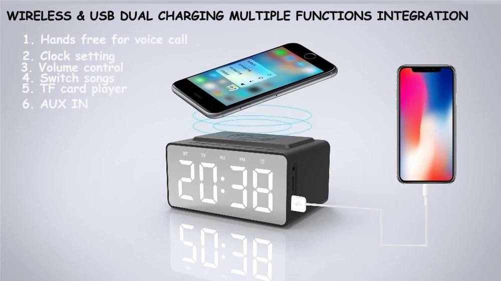 Беспроводная зарядка 5,0 Bluetooth динамик будильник HD зеркало цифровой светодиодный Будильник Зарядка три в одном часы динамик