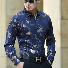 Мужская Повседневная рубашка с цветочным принтом, Мужская модная темно-синяя рубашка с длинным рукавом, деловые рубашки джентльмена, мягкая тонкая рубашка