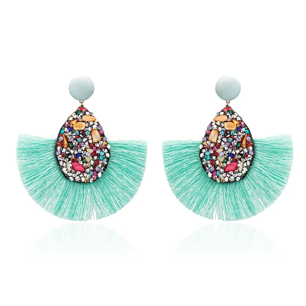 

KMVEXO Colorful Crystal Boho Ethnic Large Tassel Fringe Earrings Handmade Stone Statement Earrings 2019 Party Drop Earrings Gift