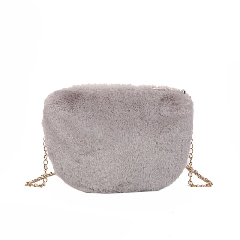 

2019 Autumn Winter Sweet Girl Casual Plush Cute Solid Metal Chain Crossbody Bags Women Lady Fluffy Shoulder Bag For Women