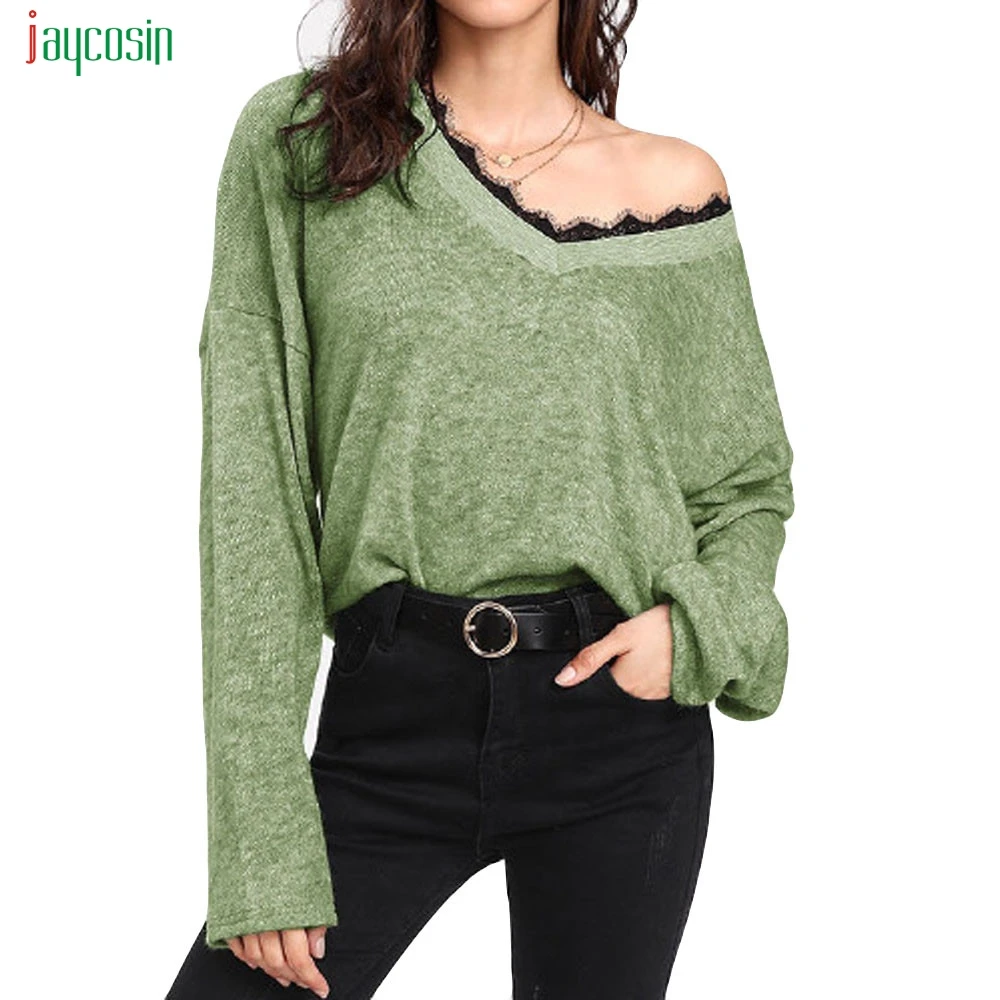 

Jaycosin Women Pullovers Autumn Winter Women's V-neck Sweater Female Hedging Loose Fashion Casual Solid Knitted Sweaters Tops