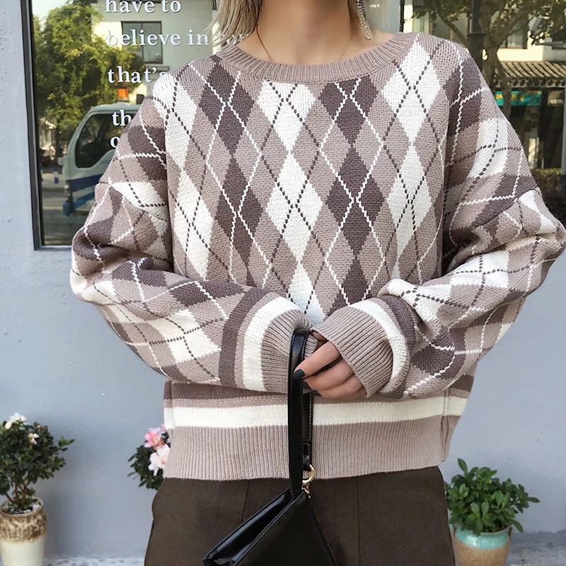 

Women Argyle Print Soft Sweater Women's Autumn Winter Warm Pullover Wool Yarn O-neck Knitwear Jumpers Clothes pull hiver femme