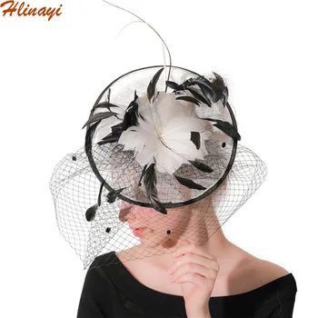 

Hlinayi 2019 ladies exaggerated large disk cambric top hat party feather headdress bride gauze linen veil top hat