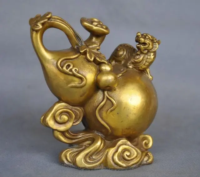 

5'' China Folk Bronze Calabash Bottle Guard Foo Dog Dragon Bronze Statue