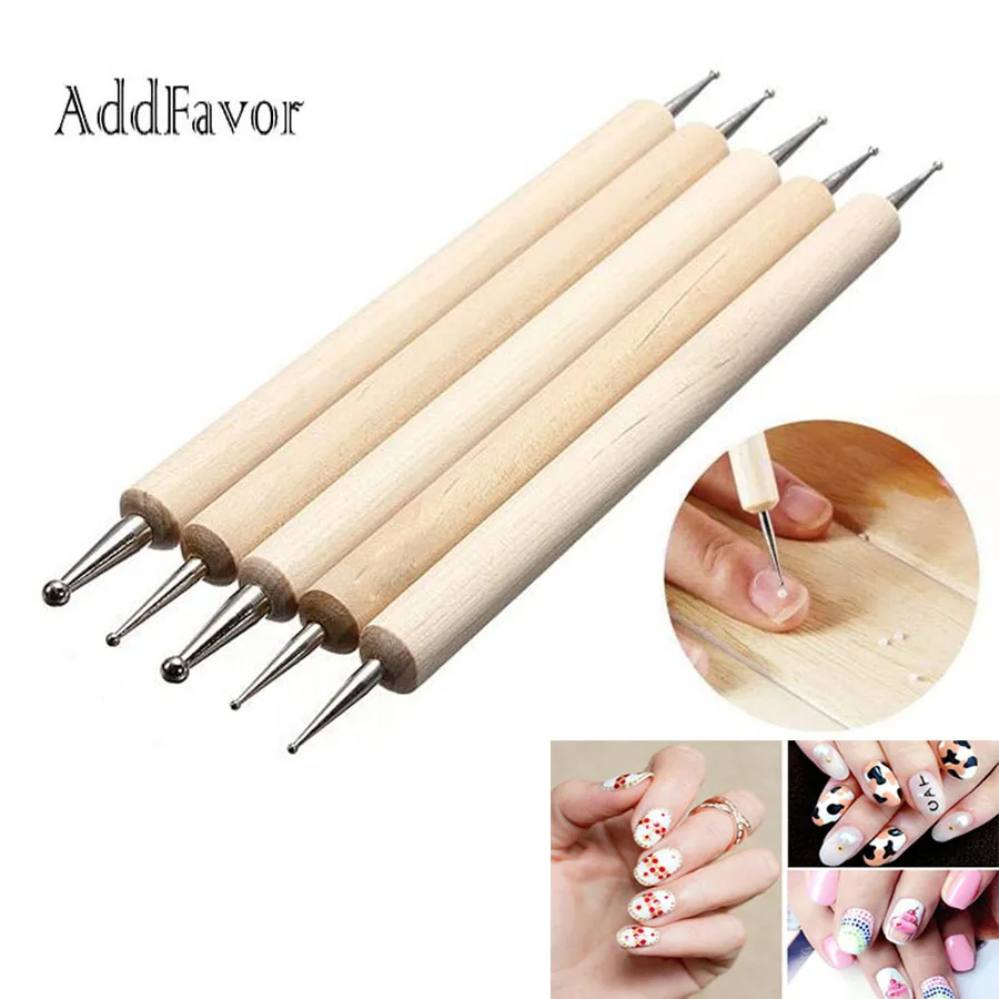 

Addfavor 5pcs Wooden Nail Dotting Pen DIY Nail Design Tips Painting Rhinestone Dots Nail Art Pen Marbleizing Tools for Gel Nail