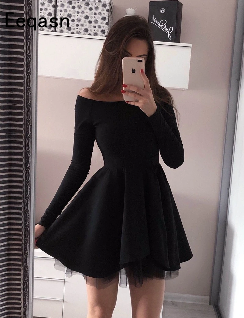 etiqueta persona bofetada Elegante vestido de cóctel corto de manga larga para mujer, vestido negro  plisado de corte A, vestido de fiesta de graduación - AliExpress Bodas y  eventos