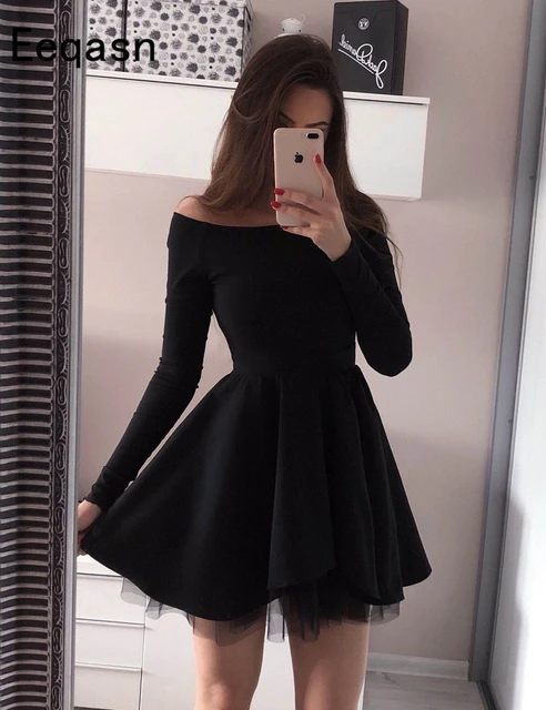 Elegante Manga Longa Vestidos De Cocktail Curto Coctel Mujer A Linha  Plissado Preto Formatura Vestido De Baile - Vestidos De Noite - AliExpress