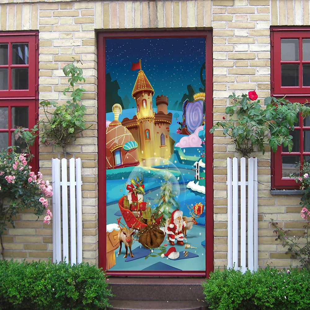 3D фантазия Рождественская наклейка на дверь Рождественская елка Санта Клаус подарок розовый камин Снеговик уличный знак замок Домашний декор наклейка