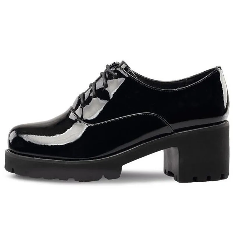 US $18.53 Round Toe Lace Up Women Patent Leather Low Heel Oxford Shoes Woman Vintage Shoes For Ladies Autumn Platform Shoes Thick Heels