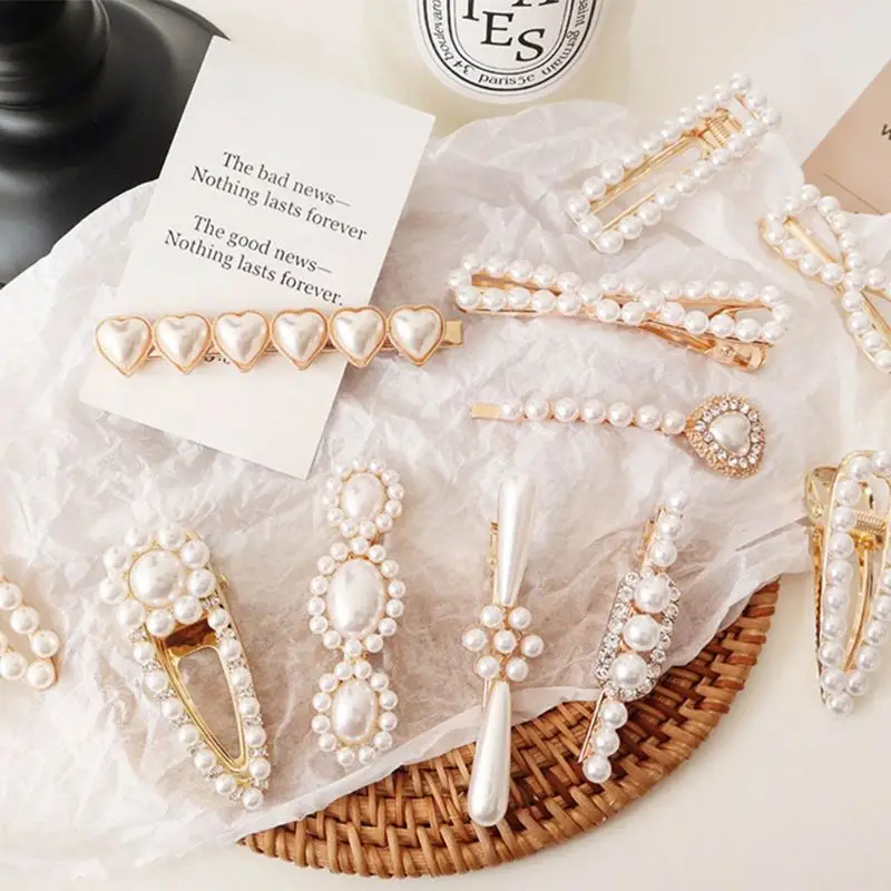 

Vintage Palace Style Women Girl Hollow Geometric Hair Clips Imitation Pearl Rhinestone Duckbill Hairpins Side Bangs BB Barrettes
