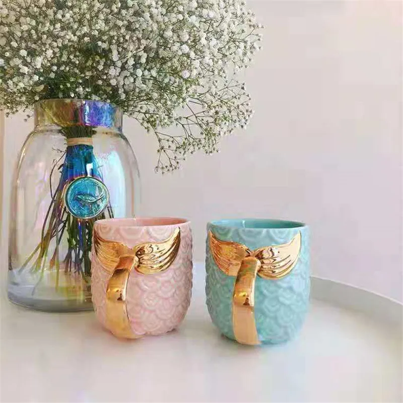 

420ML Gold Mermaid Ceramic Mug Morning Mugs Pink Mint Green Porcelain Anti-hot Breakfast Milk Coffee Tea Gift Cup