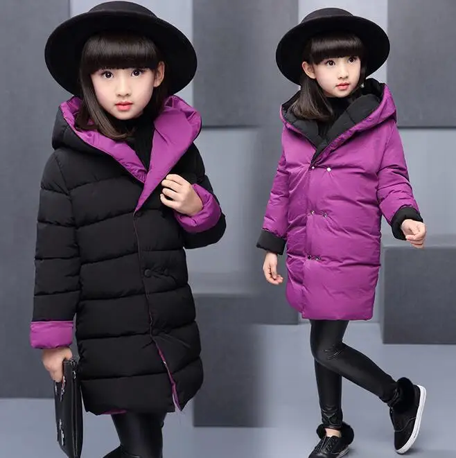 

Both Sides Wear Girls Jackets Coats Solid Hooded Thick Warm Doblue Breasted Parka Down Kids Clothes Cotton Children's Outwear