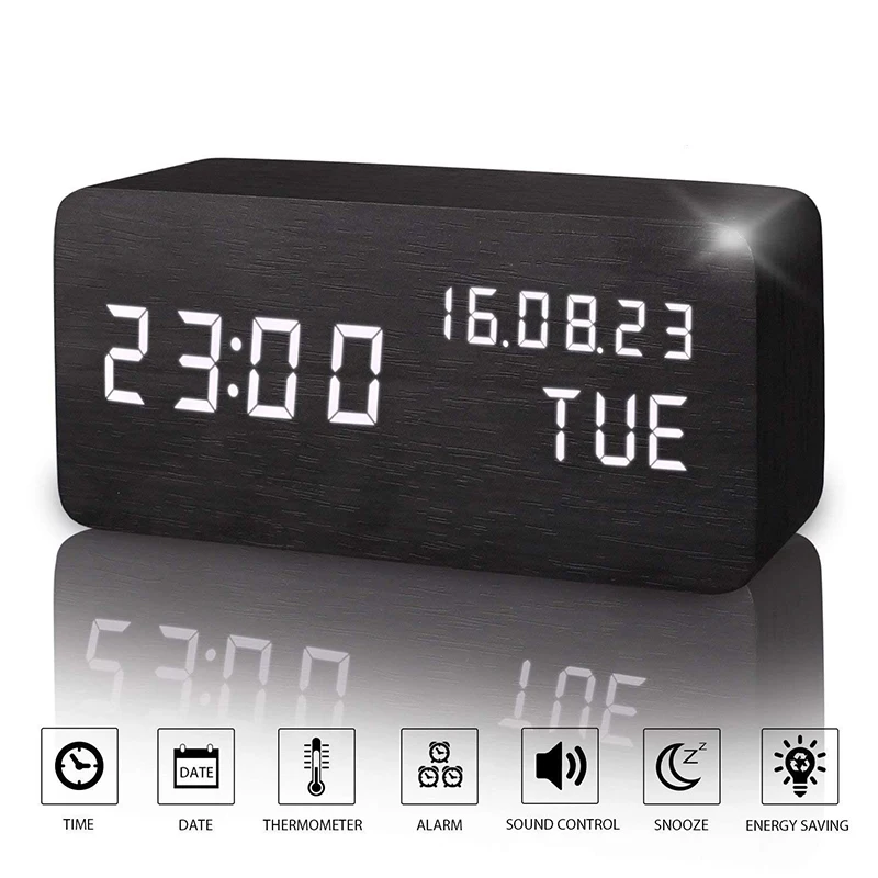 Moderno cubo di Legno del LED Digital Design Desk Alarm Clock Voice Control Termometro Timer Calendario Sunsbell Digital Alarm Clock 