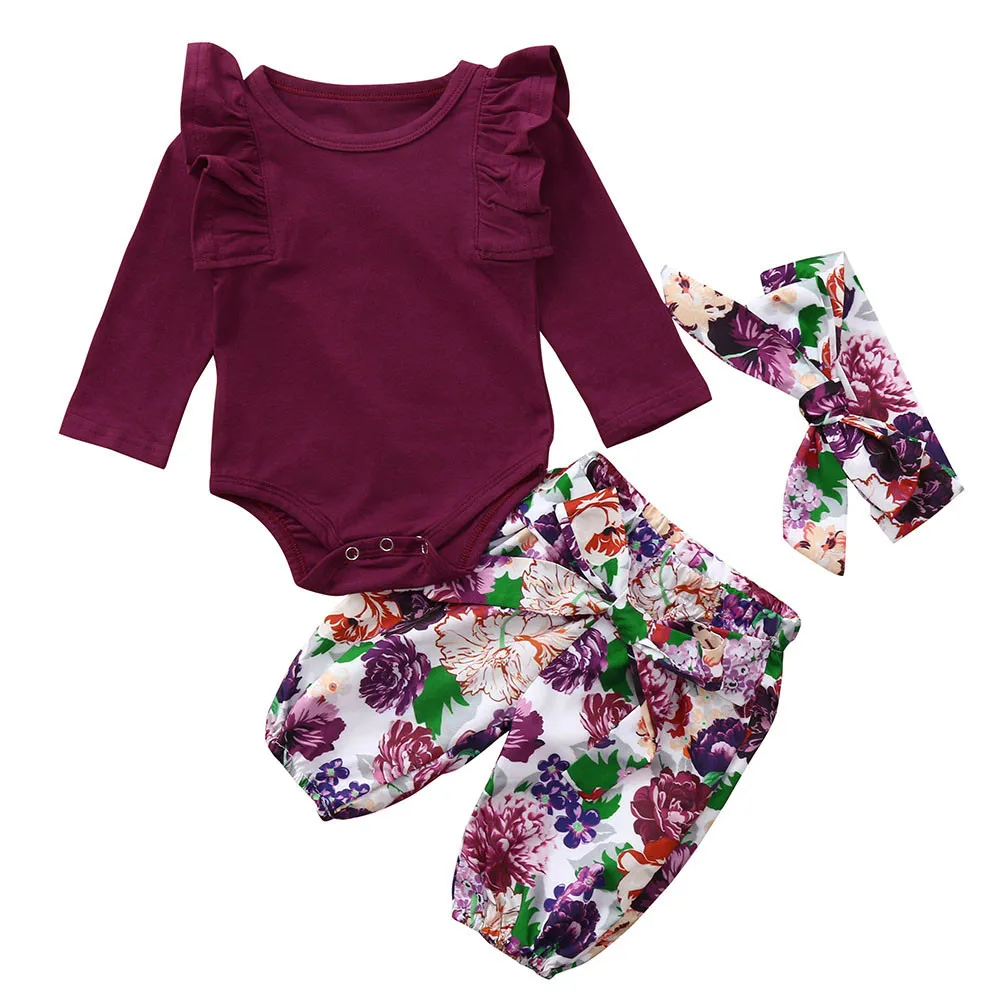 

Infant Baby Girls Long Sleeve Romper Jumpsuit Floral Pants Headbands Outfits Set Vestidos Children Party New Year Birthday Dress