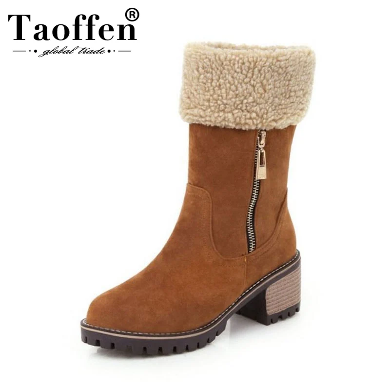 Taoffen Warm Fur Women Mid Calf Boots Simpe Round Toe Zipper Heels Shoes Comfortable Winter Footwear Size 33-44 | Обувь