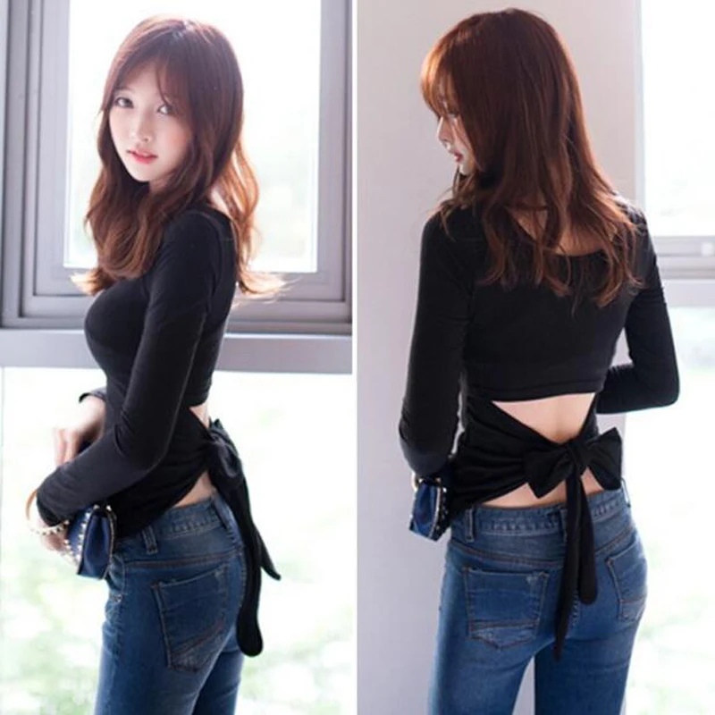 Женская Однотонная футболка с бантом на спине облегающая коротким рукавом весна