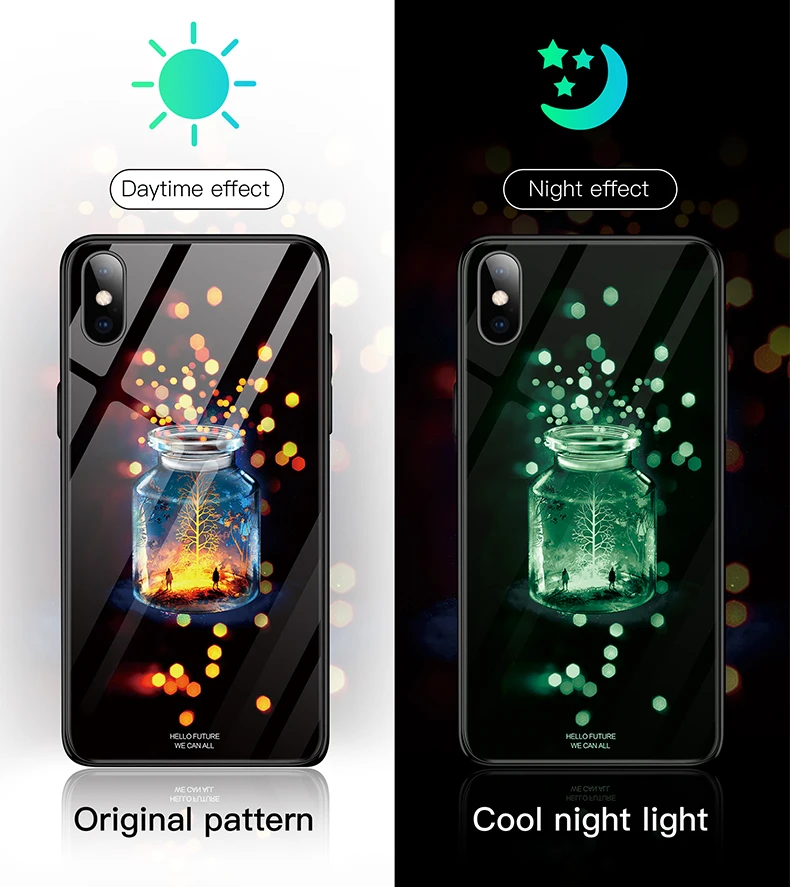 Роскошный светящийся чехол из закаленного стекла для телефона для iPhone 6 6s 7 8 Plus ночной светящийся чехол для телефона для iPhone X XR XS Max задняя крышка Coque