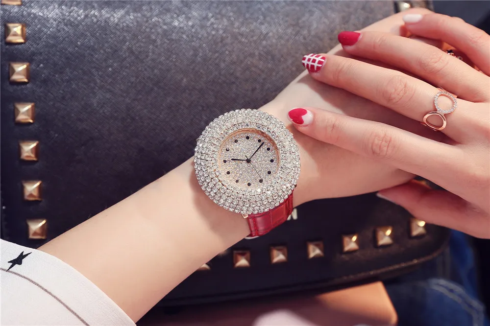 Luxury Diamond Women Watches Rhinestone Bling Dial Casual Red Leather relogio feminino Female Bracelet Lady Quartz Wristwatches