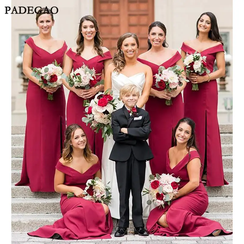 Off Shoulder Sleeveless Cross Back Side Slit Long Bridesmaid Dresses