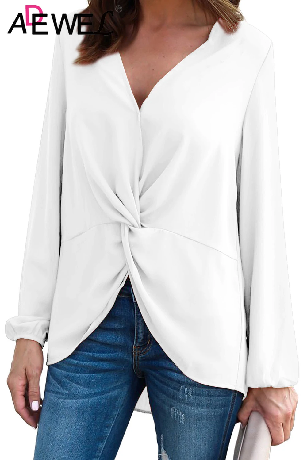 

ADEWEL Long Sleeve Twist Front Slit Blouse Casual V-Neck Solid Spring Autumn Slim Fit Street Wear Fashion Trends Tunic Blouses