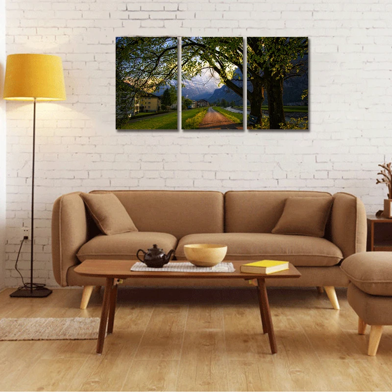3 Panel Tree and Sunrise Oil Painting Green Tree Woods Canvas Prints (7)