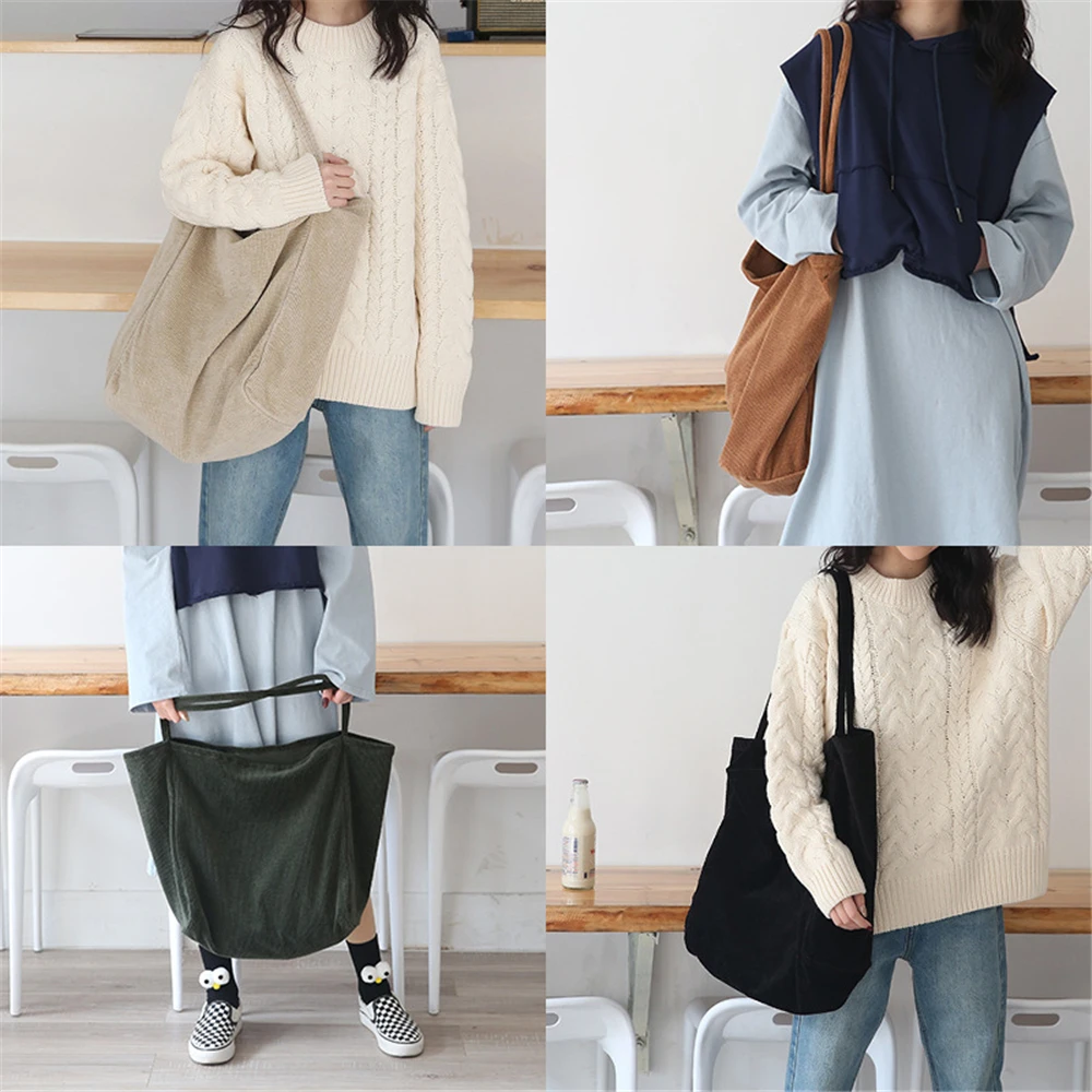

Retro Corduroy Fabric Solid Color Super Capacity Storage Hand Bags Practical Environment Protection Tote Bag Convenient Package