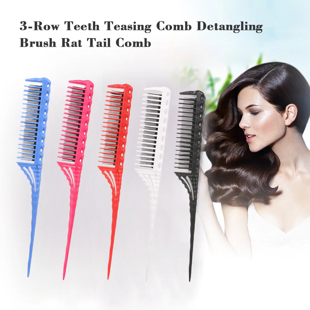 

3-Row Teeth Teasing Comb Detangling Brush Rat Tail Comb Adding Volume Back Coming Hairdressing Combs