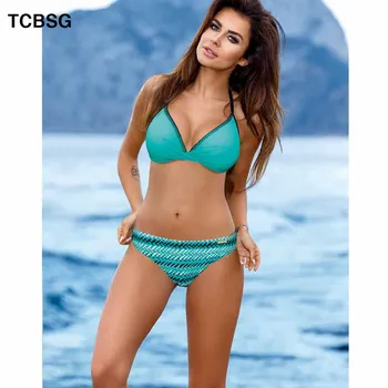 

TCBSG 2019 Sexy Bikinis Women Swimsuit Push Up Swimwear Halter Top Plaid Brazillian Bikini Splice Tie Multicolor Print Bikini