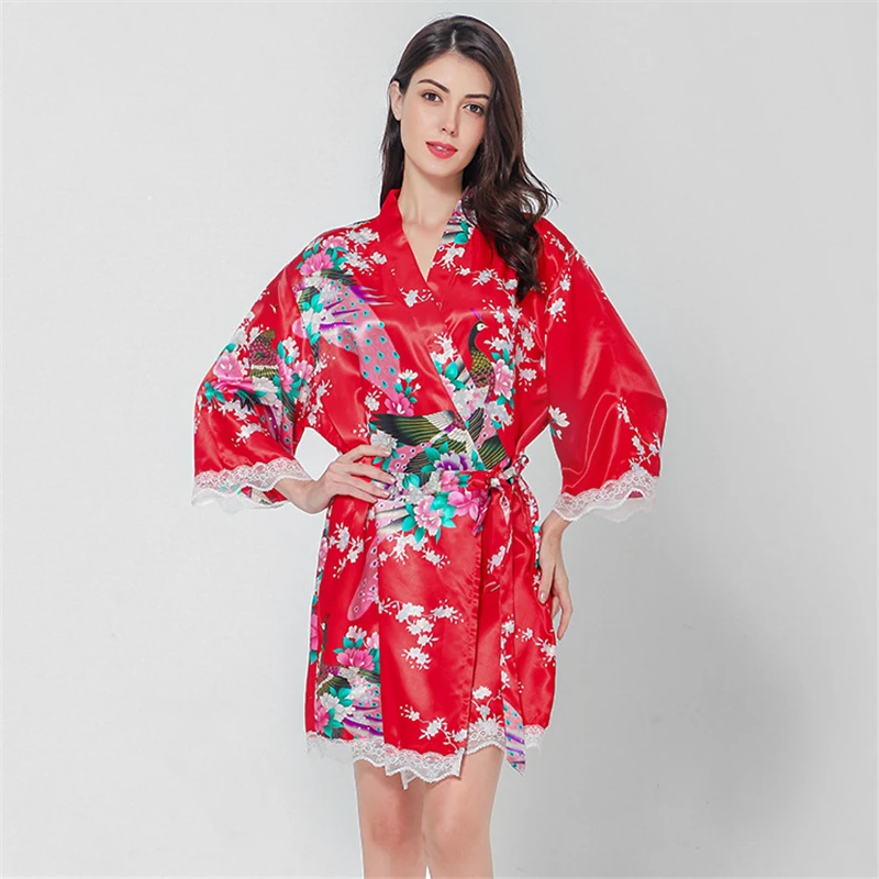 

Women Nightdress Silk Bathrobe Sexy Nighty peacock printing Cardigan pajamas Plus Size Women's Nighties Sexy Loose Nightgown