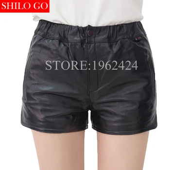 

Autumn winter fashion women high quality real sheepskin button zipper pocket thin straight straight pocket leather shorts