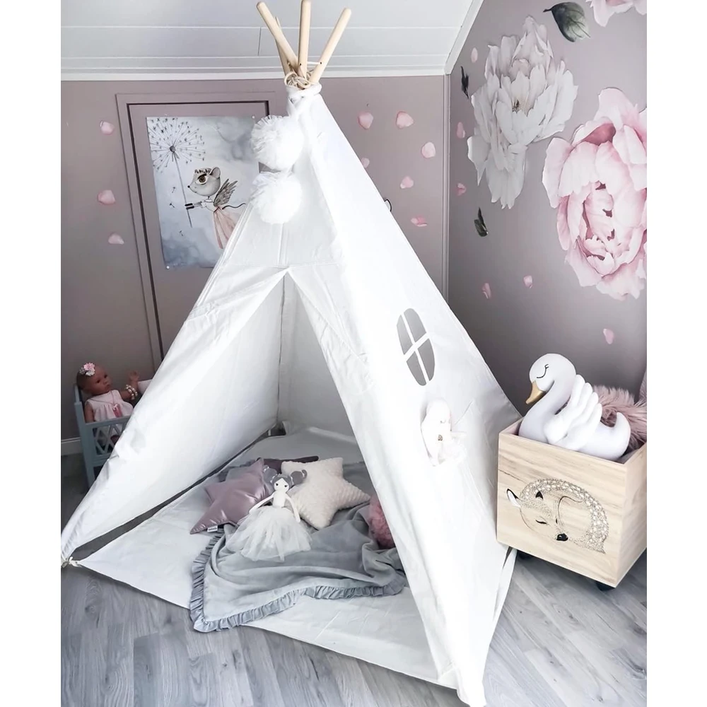 

Kids Teepee Play Tent 100% Cotton Canvas Children Tipi Playhouse Indoor Room Outdoor Toy Boys Girls Baby Gift Raw White With Mat