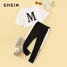 SHEIN/комплект детской одежды для девочек: футболка с буквенным принтом и контрастные леггинсы по бокам; коллекция года; летняя одежда для активного отдыха; костюм с короткими рукавами и цветными блоками