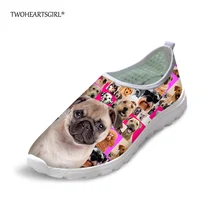 Twoheartsgirl/женская повседневная обувь розового цвета с принтом «щенок-Мопс»; Милая женская обувь на плоской подошве; удобная сетчатая обувь; лоферы