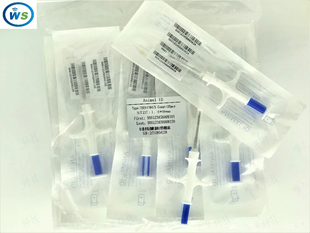 

50PCS 1.4*8 FDX-B ISO11784/785 RFID Id Injector Pet Glass Tag Microchip Syringe for Pig Cow Cattle Horse Dog Fish animal chip