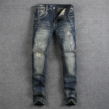 

Fashion Classical Men Jeans Dark Color Vintage Long Pants Slim Fit Ripped Jeans For Men Brand Designer Cotton Denim Pants hombre