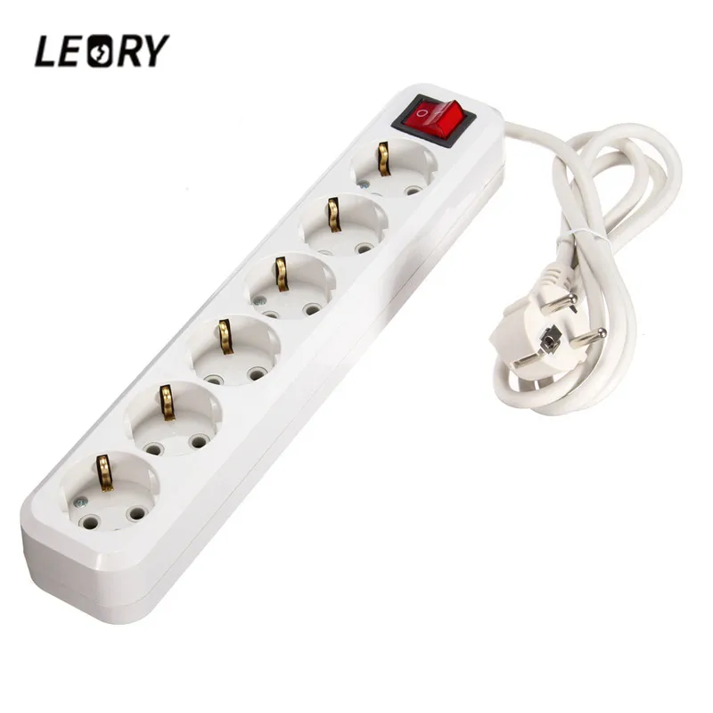 LEORY EU Plug Power Strip 6 Outlet Power 250V 10A Extension Cable 1.5M