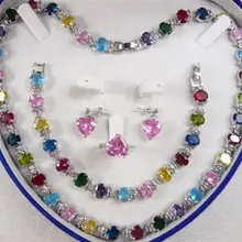 Многоцветный циркон ссылка браслет/Серьги/Кольцо/Цепочки и ожерелья набор кварцевые изысканные свадебные широкий часы Крылья женские королева