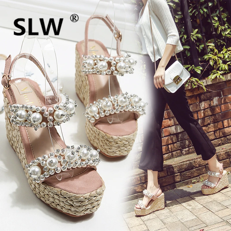 

2019 Summer Open Toe Luxury Sandals Sale Of Women's Shoes Suit Female Beige Clogs Wedge High Heels Buckle Ladies Peep Fashion